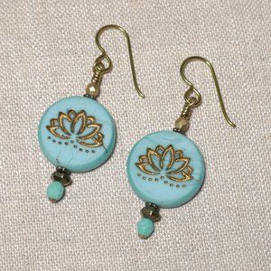 Hand Crafted Handmade Earrings Turquoise & Bronze Lotus Bead Earrings